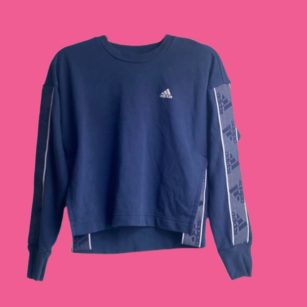 Adidas Logo Trimmed Split Sides Cropped Blue Sweatshirt Size: Xs